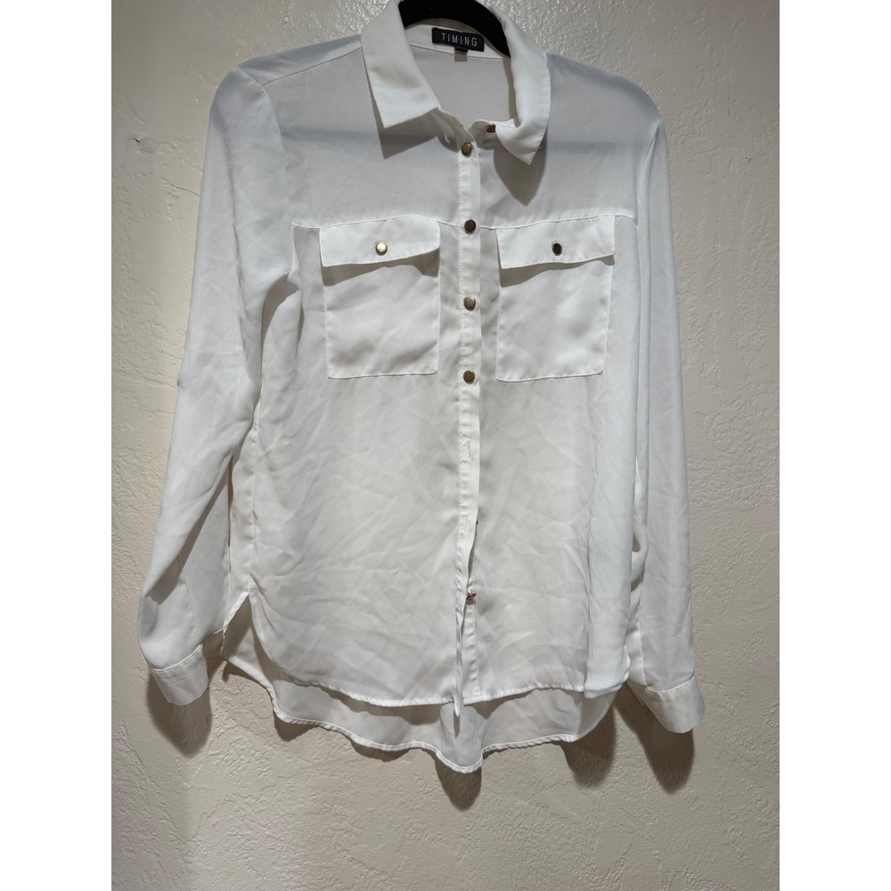 Timing Women White Button Up Blouse Long Sleeve Utility Pocket Shirt DN812 Med
